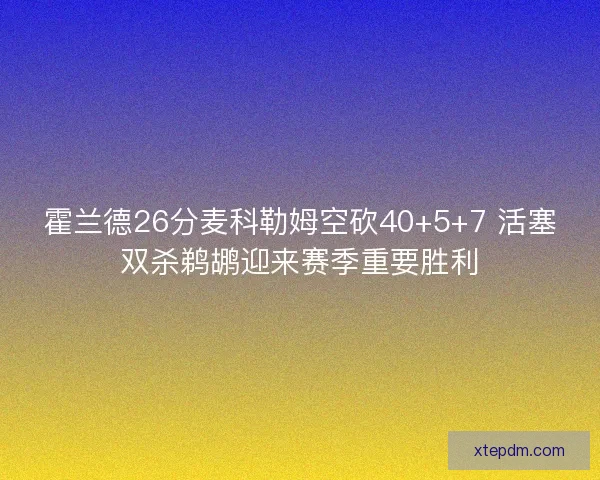 霍兰德26分麦科勒姆空砍40+5+7 活塞双杀鹈鹕迎来赛季重要胜利